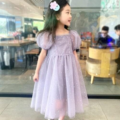Mesh Patchwork Dress with Sequin Lantern Sleeve Ball Gown 2021 Childrens Summer Clothing Square Collar Mid-Calf Length Dress