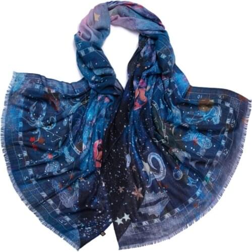 100% wool women fashion print thin scarf shawl pashmina dark stars blue 70x200cm