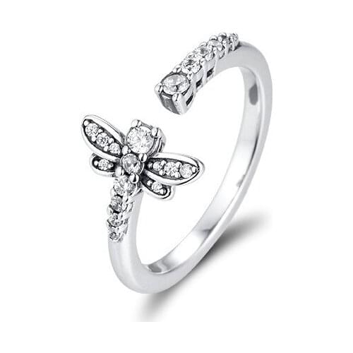Sparkling Dragonfly Open Ring Female Engagement Ring Jewelry 925 Sterling Silver Rings for Women Pave Stones Fashion Silver Ring
