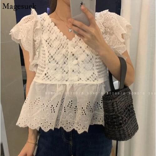 V Neck Knitted Lace Blouse Women Summer Loose 2021 Korea Floral Hollow Embroidery Tops Short Sleeve Womens Shirt Blusas 14455
