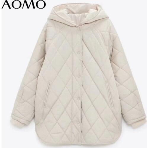 AOMO Women Beige Oversize Long Hood Parkas 2021 Autumn Winter Long Sleeve Buttons Pockets Female Warm Coat 6W02A