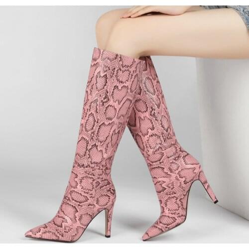 Snake Print Women Boots Pu Leather Knee High Boots Sexy Thin High Heel Long Boots Slip On Autumn Winter Shoes Big Size 41 42 43