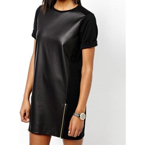2020 New Elegant Slim Short Sleeve Women Autumn Dress Black PU Leather Patchwork OL Work Pencil Dresses Back Zip Vestidos