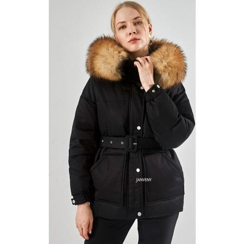 2021 New Winter Women White Duck Down Coat Large Natural Fur Collar Hooded Thickness Parka Warm Sash Tie Up Zipper Puffer Jacket