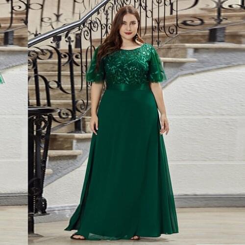 Green O-Neck Evening Dress Sequins Appliques A-Line Empire Pleat Short Sleeves Floor-Length Plus Size Women Formal Gowns D988