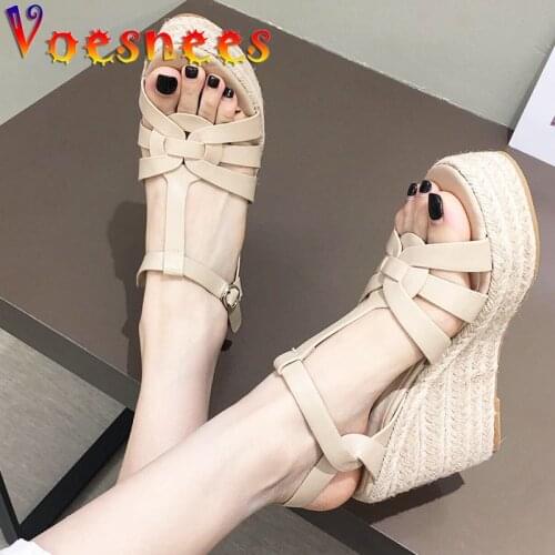 2021 Summer New Hemp Rope Bottom Sandals Narrow Band Wedges Platform High Heels Peep Toe Sexy Gladiator Women Shoes Size 34-41