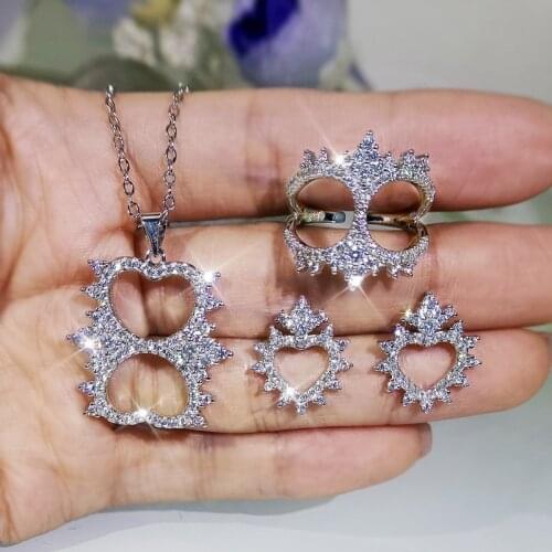 3 Pcs/ Set Exquisite Love Heart Shape Crown Ring Necklace Jewelry Love Heart Crown Set Womens Jewelry Birthday Gift