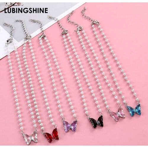 Luxury Color Crystal Butterfly Pendant Necklace for Women Girls Fashion Pearl Chain Necklace Collar Female Fashion Jewelry Gifts