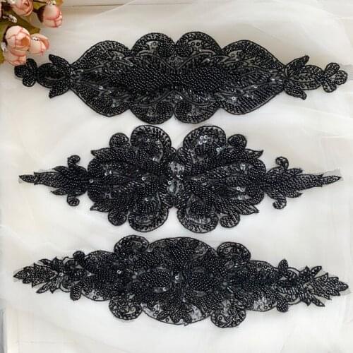Black Handmade Beaded Embroidery Applique Medallions Piece Lace For Wedding Dress Applique Lace Or Veil Lace