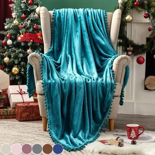Home Soft Solid Crystal Velvet Pompom Warm Blanket Throw Sheet with Tassels Balls Sofa Bedding Baby Blanket Smooth Portable D30
