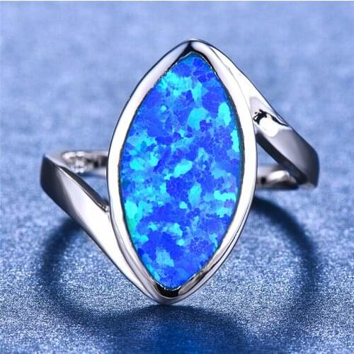 Boho Male Female Blue White Fire Opal Ring Big Silver Color Wedding Jewelry Promise Engagement Rings For Women