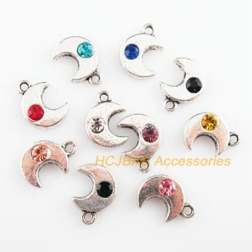 Fashion 20Pcs New Moon Charms Tibetan Silver Tone Retro Mixed Crystal Pendants 11x15.5mm