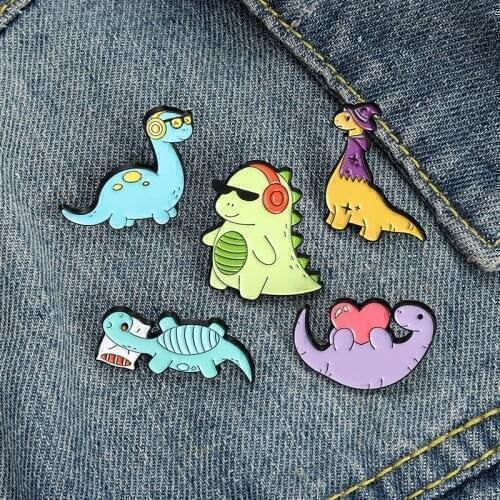 Cartoon Cute Animals Colored Dinosaur Enamel Brooch Love Heart Listening to Music Sleeping Dinosaur Alloy Pins Jewelry Gift