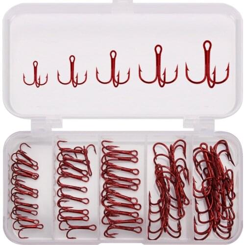 Red-nickel three 3 anchor hook set box barbed high carbon steel fishing treble hooks 3 way swivel fishing triple hook