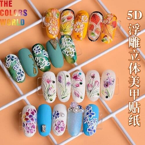 TCST-011 5D Acrylic Engraved Flower Nail Sticker Embossed Bump Leaves Nail Water Decals DIY Slider Design Nail Art Decoration