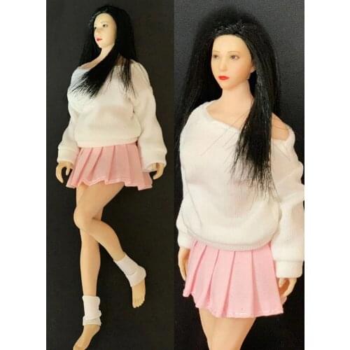 1/12 Scale Clothes White Long-sleeved T-shirt & Pink Pleated Skirt For 6'' Inch Female Figure Body