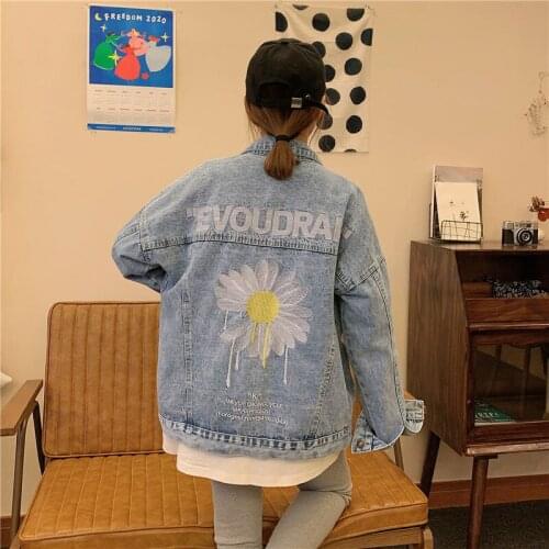 2021 New Womens Jacket Denim Jacket Female Korean Version of Loose Embroidery Wild Daisy Coat