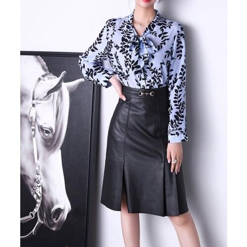Women High Waist Genuine Leather Wrinkle Skirt OL Working Casual Big Size Midi Wrap Faldas Golden Metal Black/Yellow Split Jupe