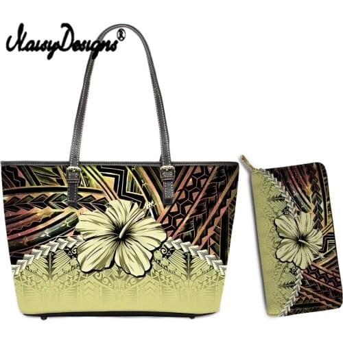 NOISYDESIGNS Vintage Polynesian Tribal Hibiscus Pattern Fashion Female 2pcs/Set Pu Zip Shoulder Bag with Coin Pocket Purse 2021