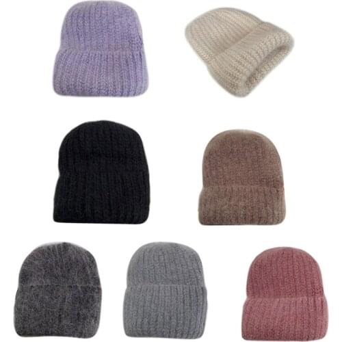 Women Winter Fuzzy Plush Warm Knitted Beanie Hat Solid Color Cuffed Skull Cap F3MF