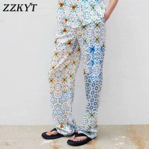 ZZKYT 2021 Women Summer Vintage Patchwork Print Straight Pant Fashion Fly Side Pocket Elastic Waist England Style Trousers Mujer