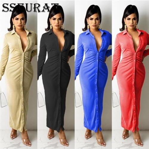 SSEURAT Women Long Dress Solid Full Sleeve Turn-down Collar Single Breasted Bandage Sashes Maxi Dresses Fashion Outfit Fall