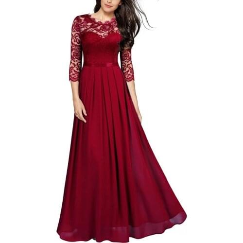 Chiffon Dress Stitching Lace Half Sleeve Dinner Evening Party Midi Dress Women Bridesmaid Wedding Wear Burgundy Black Clothes