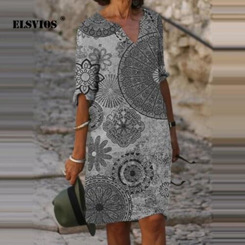 Summer 2021 New Women V Neck Fashion Printed Casual Half Sleeves A-line Dress Elegant Slim Office Ladies Party Holiday Dresses