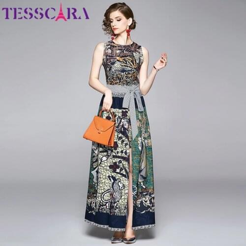 TESSCARA Women Summer Vintage Dress Suit Set High Quality Elegant Long Maxi Party Robe Femme Tank Designer Lady Vestidos