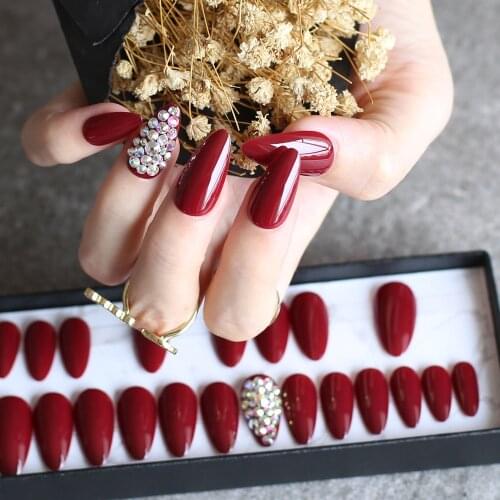 UV glossy false nails Water droplets shiny wedding nails burgundy stiletto blue full crystal diamonds Handmade 28pcs full set