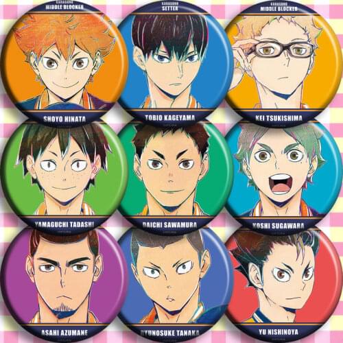 9pcs/1lot Anime Haikyuu Hinata Shoyo Tobio Kageyama Yu Nishinoya Figure 8378 Badges Round Brooch Pin Badge Gifts Kids Toy