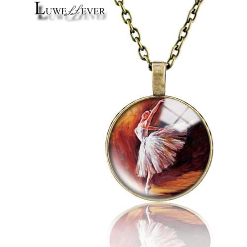 Ballet Necklace 651 25mm Bronze 30mm Wood Rhinestone Double-sided Moon Round Glass Pendant For Women Gift