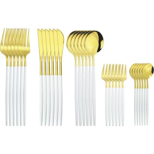 White Gold Stainless Steel Cutlery Set 30pcs Knives Fruit Cake Fork Tea Coffee Spoons Dinnerwarep Picnic Kitchen Flatware Set