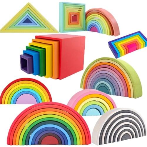 Large Wooden Rainbow Stacker Natural Wooden Rainbow Blocks Wooden Stacking Toys Montessori Educational Toy for Kids Baby Toys