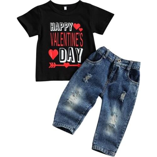 Kids Boys Girls Ripped Jeans Suit Letter Print Crew Neck Short Sleeve Top Long Pants 2-piece Suit Children Boys Clothing Set