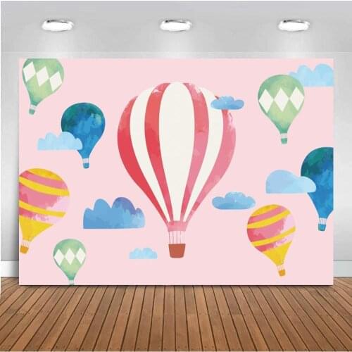 Nitree Backgrounds For Photography Studio Pink Sky Cloud Red White Hot Air Balloon Kids Birthday Backdrop Decor Custom Photocall