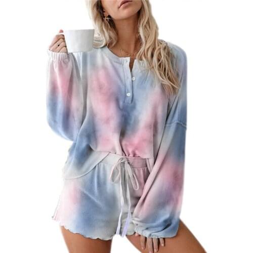 Hirigin Spring Women Homewear Casual Sleepwear 2Pcs Set Long Sleeve Loose T-shirt + Lace-up Short 2021 Trend Suit wholesale