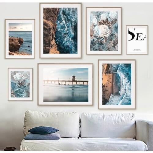 Sea Flower Bridge Boat Car Surfboard Wave Wall Art Canvas Painting Nordic Posters And Prints Wall Pictures For Living Room Decor
