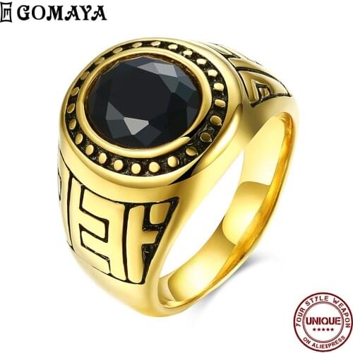 GOMAYA Stainless Steel Rings For Men Punk Style Inlay Round Black Glass Stone Party Prom Gift Anniversary Ring Fashion Jewelry