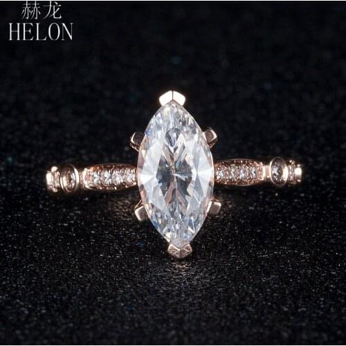 HELON Moissanite Ring Solid 14K Rose Gold Marquise 5x10mm Test Positive Moissanite Diamond Engagement Wedding Women Jewelry Ring