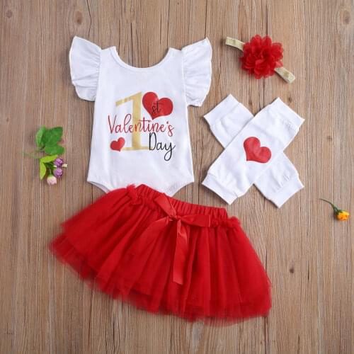 Valentines Day Baby Girls Clothes Sets Letter Print Ruffles Short Sleeve Romper Lace Tutu Skirts Headband Leg Warm