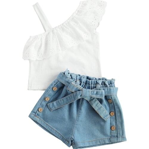 2-6Years Girls Summer Clothing Sets Fashion Toddler Kids Strap Ruffles Hollow T-shirts Tops+Button Belt Denim Shorts Outfits