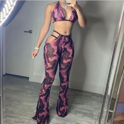 Summer Women Clothing Sexy Printing Sleeveless Breast Wrap Flare Pants Matching Fitness Club Outfits Streetwear Wholesale Items