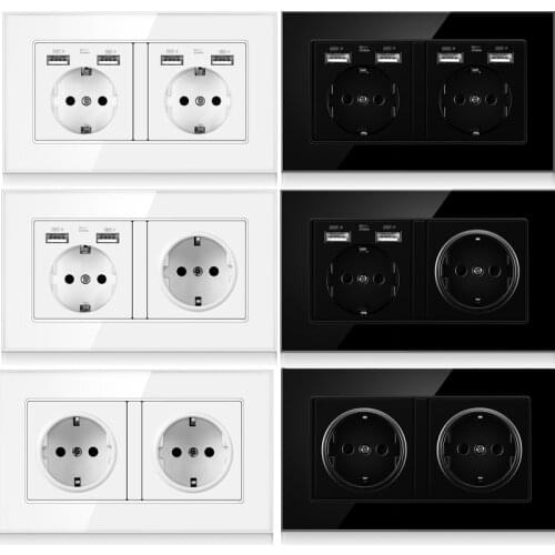 Wall Socket Glass Panel 16A Power Socket EU Standard Dual USB Charging Ports double socket 146mm * 86mm Outlet LED Indicator