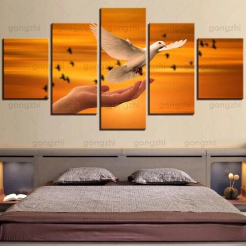 Dusk Golden Yellow Sky Love Flying White Doves Beautiful Wall Painting Charity Frameless Modern Canvas Printing Custom Poster