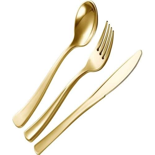 Plastic Dinnerware Gold Disposable Tableware Sets Dinner Knife Fork Spoon Wedding Party Event Supply Christmas 25 set 75pcs