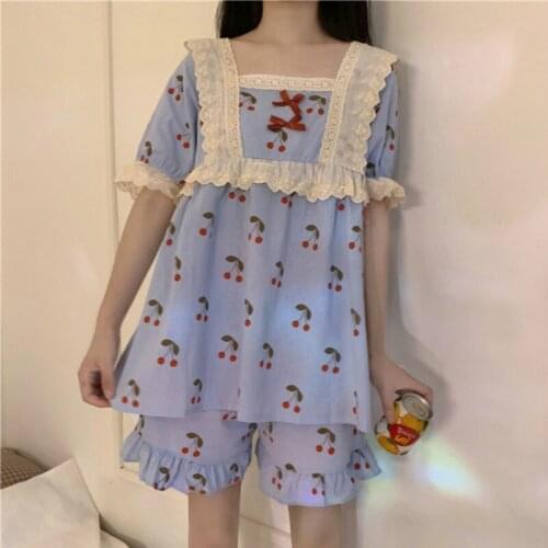 Chic Women Sweet Cute Princess Pajamas Sets Short Sleeves Thin Japanese Lace Cherry Ruffles Girls Loose Fashion Lolita Sleepwear