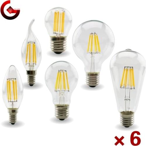 6pcs/lot E27 E14 Retro Edison LED Filament Bulb Lamp AC 220V-240V C35 G45 A60 ST64 G80 G95 G125 Glass Bulb Vintage Candle Light