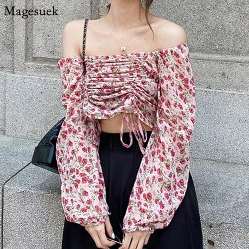Korean Off Shoulder Vintage Floral Chiffon Shirt Women Spring Slash Neck Print Blouse Women Drawstring Sexy Ladies Tops 13305