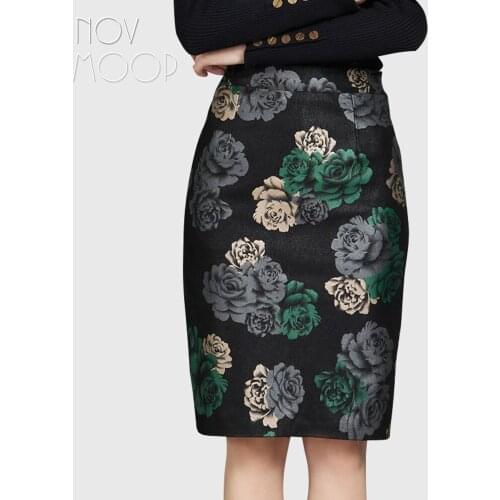 Novmoop rose pattern printed sheepskin genuine leather women skirt french elegant style LT3297